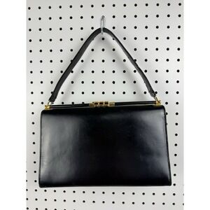 Vtg 1950s Mod Whitbey Black Leather Top Handle Bag Gold Hardware Retro Glam